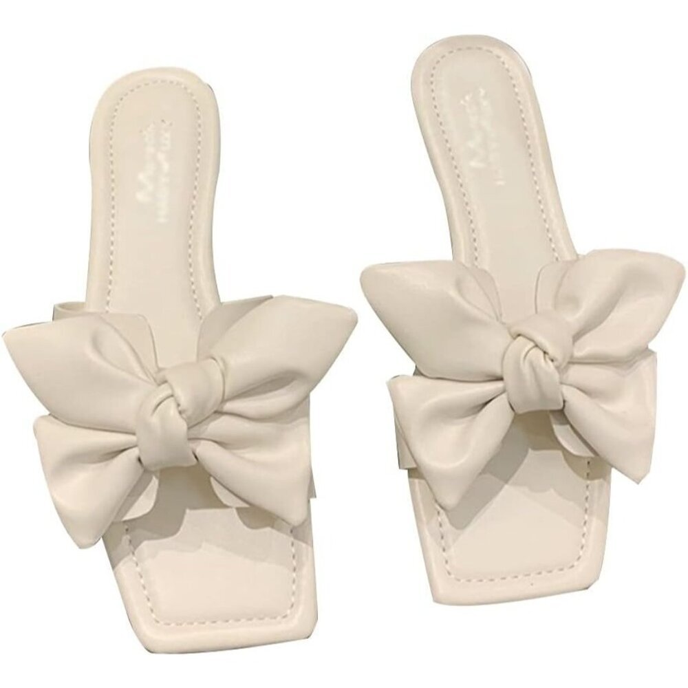 Xnier White Vegan Leather Bow Embellished Slide Sandals Mules 37 US 6.5